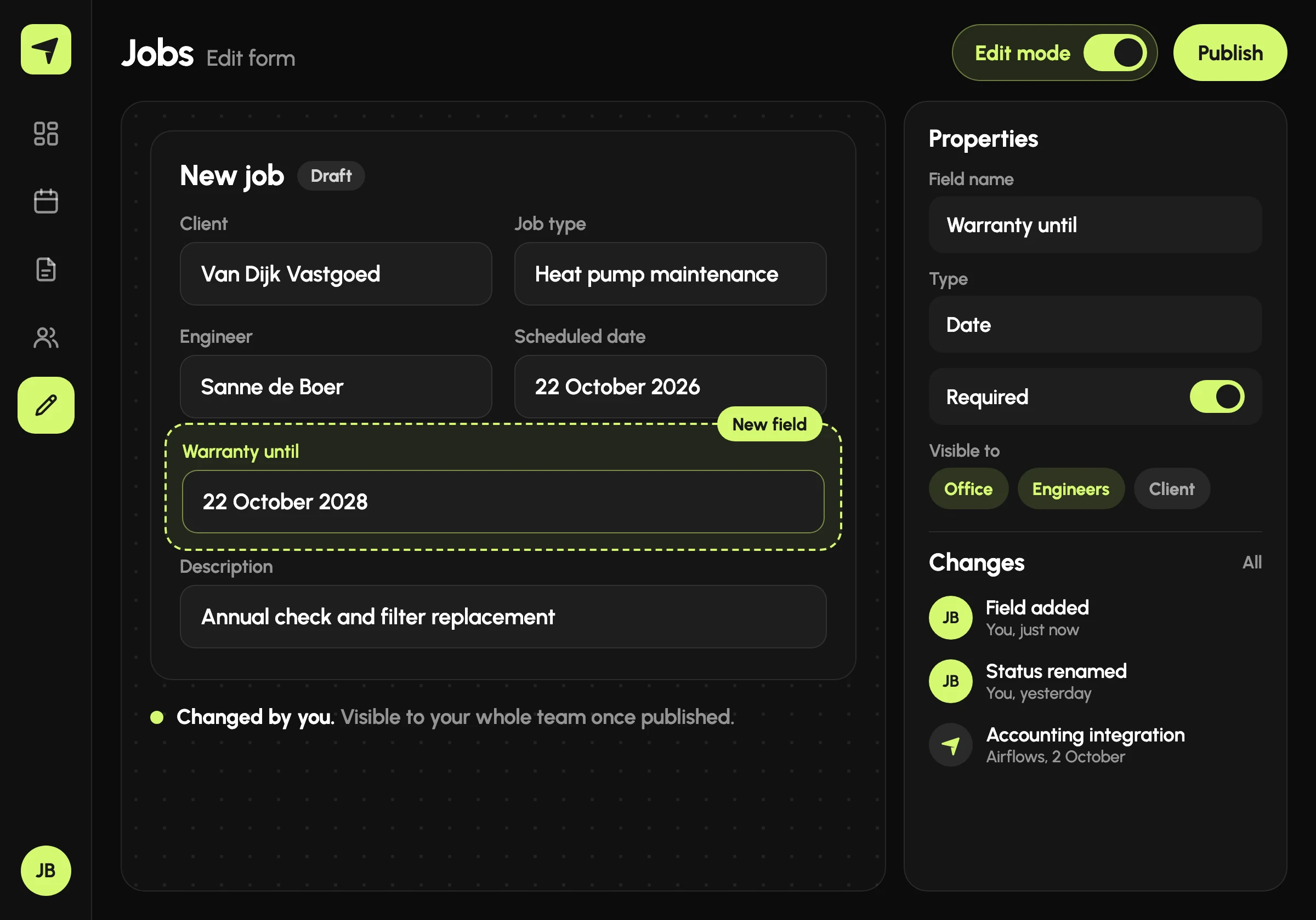 Concept of a business portal in edit mode where a client adds a field to a form themselves